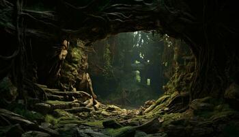 un sereno bosque túnel rodeado por alto arboles ai generado foto