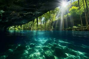 Sunlight streaming through water in a cave AI Generated photo