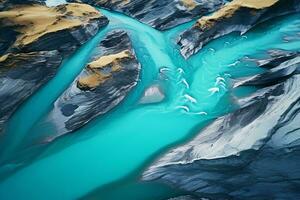 A majestic river winding through breathtaking mountain scenery AI Generated photo