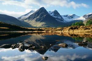 un sereno montaña rango reflejado en un calma lago ai generado foto