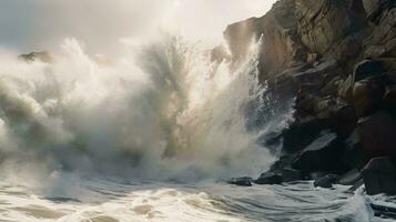 A powerful wave crashing against a rugged cliff AI Generated photo
