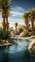 A serene pool scene with palm trees AI Generated photo