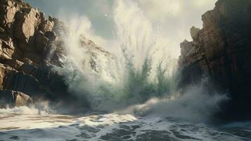 un escénico costero paisaje con un rocoso acantilado y un vasto cuerpo de agua ai generado foto