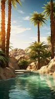 A serene pool oasis with palm trees and natural rock formations AI Generated photo