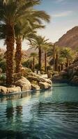 A stunning oasis in the desert, with a shimmering pool and lush palm trees AI Generated photo