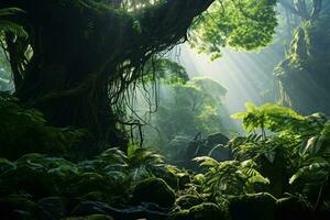 un lozano y vibrante bosque rebosante con verde follaje y imponente arboles ai generado foto