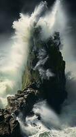 A powerful wave crashing against a rugged cliff AI Generated photo
