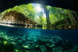 A serene underwater landscape with rocks and trees in a flowing river AI Generated photo