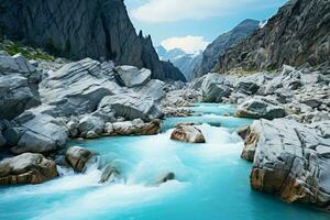 A majestic river flowing through a breathtaking rocky valley, embraced by towering mountains AI Generated photo