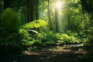 luz de sol transmisión mediante arboles en un lozano bosque ai generado foto