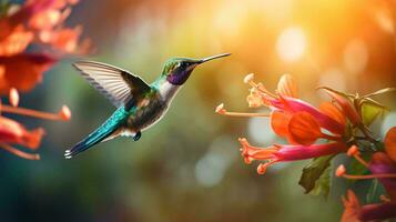 un colibrí en vuelo cerca un vibrante flor ai generado foto