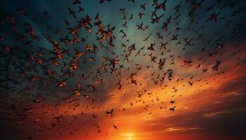 un rebaño de aves volador terminado un vibrante puesta de sol ai generado foto