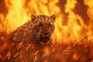 un leopardo en un herboso campo con un dramático fuego en el antecedentes ai generado foto