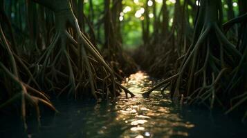 A serene lake surrounded by a lush forest AI Generated photo