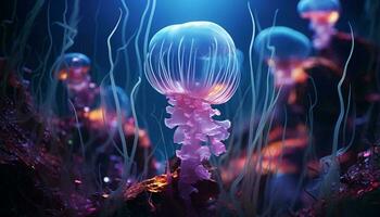 A mesmerizing group of jellyfish gracefully floating in the vast ocean AI Generated photo