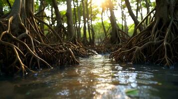 The sun shining through the trees and reflecting on the water AI Generated photo