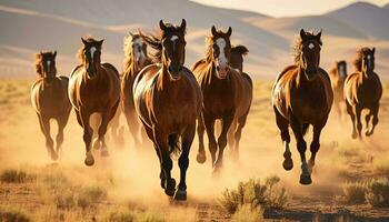 A herd of wild horses galloping across the sandy desert landscape AI Generated photo