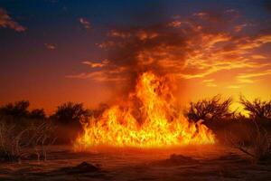 un masivo fuego envuelve un campo en un flameante infierno ai generado foto