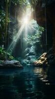 A serene cave with a tranquil pool of water nestled among lush trees AI Generated photo