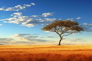 un solitario árbol en pie en un abierto campo ai generado foto