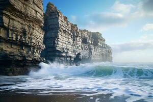 A majestic rocky cliff with powerful waves crashing against it AI Generated photo