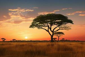 un árbol silueta en contra un vistoso puesta de sol en un pacífico campo ai generado foto