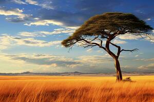 un solitario árbol en pie con orgullo en un expansivo campo ai generado foto