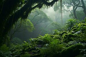 un denso y vibrante bosque con un multitud de imponente arboles ai generado foto