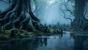 A serene swamp landscape with lush trees and calm water AI Generated photo