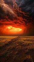 A dramatic sky with red and black hues looming over a peaceful field AI Generated photo