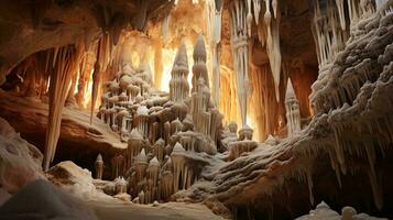 un maravilloso hielo cueva lleno con asombroso hielo formaciones ai generado foto