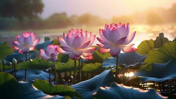 A vibrant field of pink flowers next to a serene body of water AI Generated photo