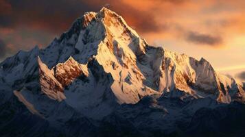 A majestic snow-covered mountain under a dramatic cloudy sky AI Generated photo