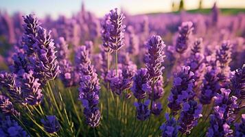 un pintoresco campo de lavanda flores con un maravilloso cielo fondo ai generado foto