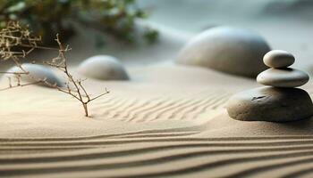 un apilar de rocas en un arenoso playa ai generado foto