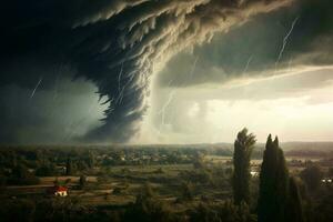 A looming storm over a rural landscape AI Generated photo