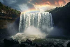 un majestuoso cascada con un vibrante arco iris arqueo a través de el cielo ai generado foto