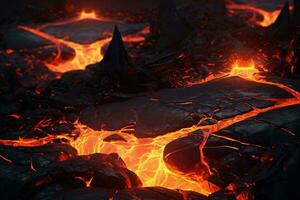 A fiery eruption with molten lava and rocks AI Generated photo