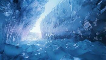 A stunning ice cave with glistening walls and an ethereal blue glow AI Generated photo