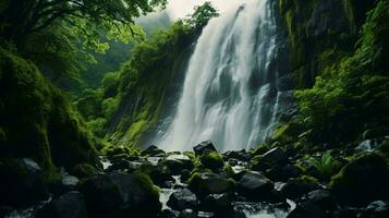 un majestuoso cascada rodeado por lozano verdor en un pintoresco bosque ai generado foto