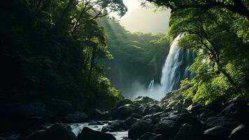 A majestic waterfall surrounded by vibrant greenery in a serene forest setting AI Generated photo