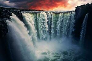 un majestuoso cascada rodeado por sereno aguas ai generado foto