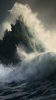 A powerful wave crashing onto a sandy beach AI Generated photo