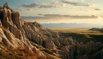 Sun rays filtering through clouds over majestic mountains AI Generated photo