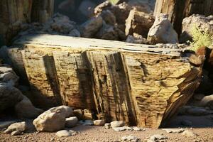 A rustic sculpture made from a wooden log resting on a stack of rocks AI Generated photo