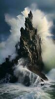 un poderoso ola estrellarse en contra un escabroso Oceano rock ai generado foto