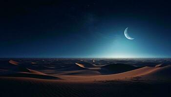 un creciente Luna brillante terminado un vasto Desierto paisaje ai generado foto
