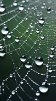 agua gotas en un araña web en contra un vibrante verde fondo ai generado foto