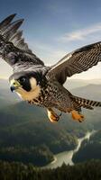 A majestic bird soaring above a vibrant green forest AI Generated photo
