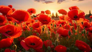 A vibrant field of red flowers with the sun setting in the background AI Generated photo